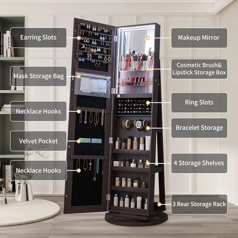 New 360 Rotation Jewelry Armoire with LED Lights
