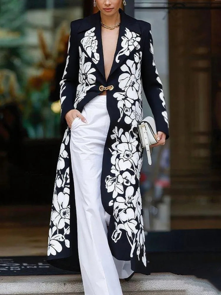  New Women Contrast Printed Long Trench Coat 