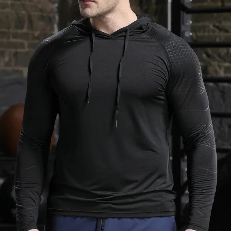 Men Outdoor Sports Hoodies Quick Dry Fit Long Sleeve Tops with Hood Male Running Activewear Casual Quick Dry Sweatshirts