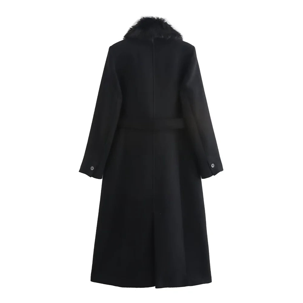 New Luxe Women Belt Warm Fur Collar Long Coat 