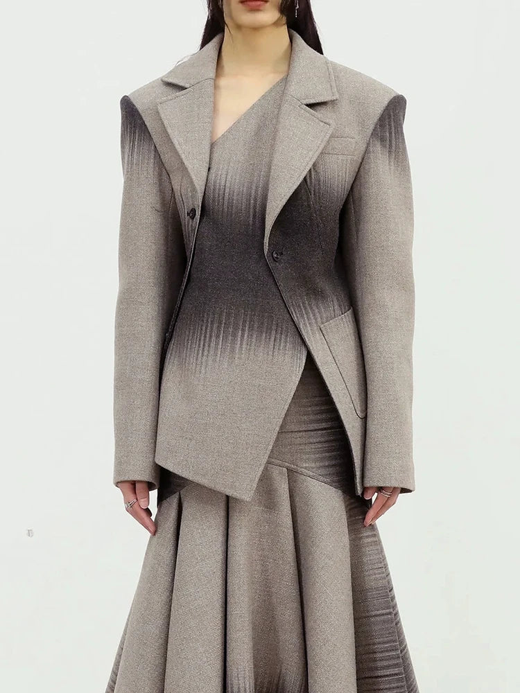 Colorblock Printting Chic Coats for Women Lapel Long Sleeve Spliced Single Breasted Asymmetrical Jackets Female New