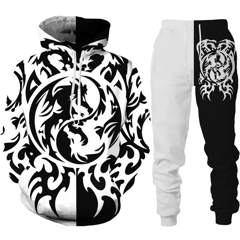 New 3D Hoodie Pant Dragon Print Track Suit Set