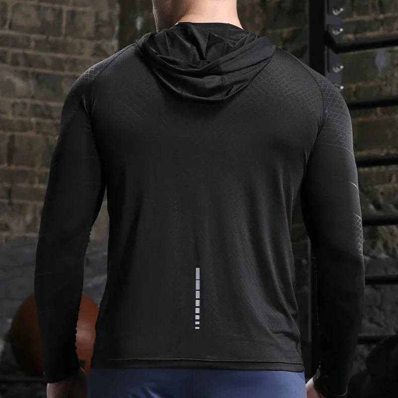 Men Outdoor Sports Hoodies Quick Dry Fit Long Sleeve Tops with Hood Male Running Activewear Casual Quick Dry Sweatshirts