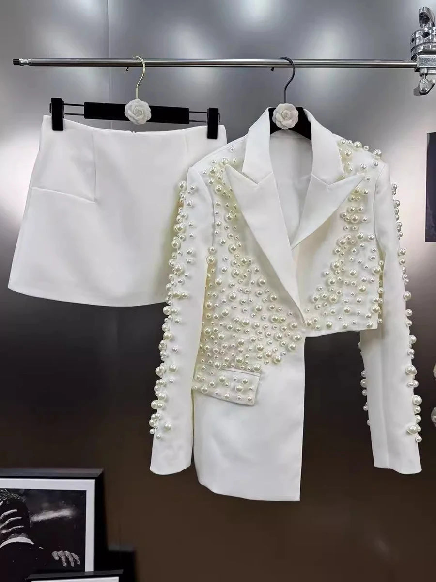 Modern Spliced Pearls Two Piece Women Skirt Office Suit 