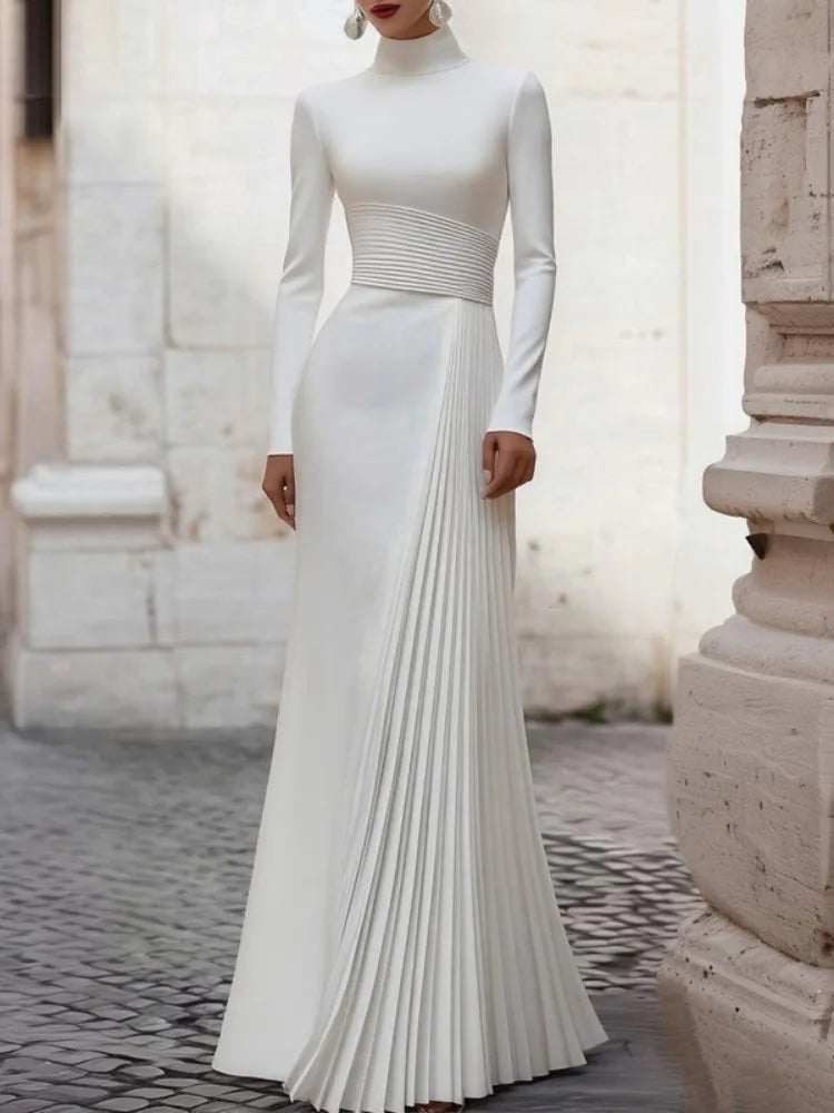 Women Long Sleeves White Maxi Dress Guest Party Gown Dress