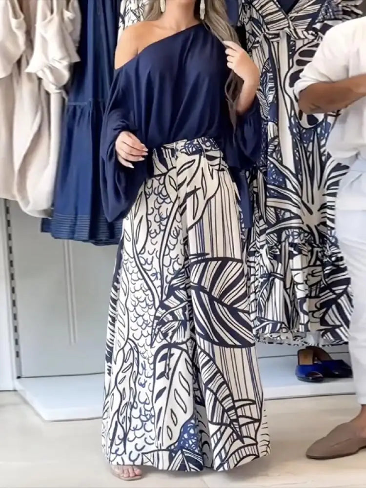 Women T-Shirt High Waisted Printed Wide Leg Pants Casual Suit