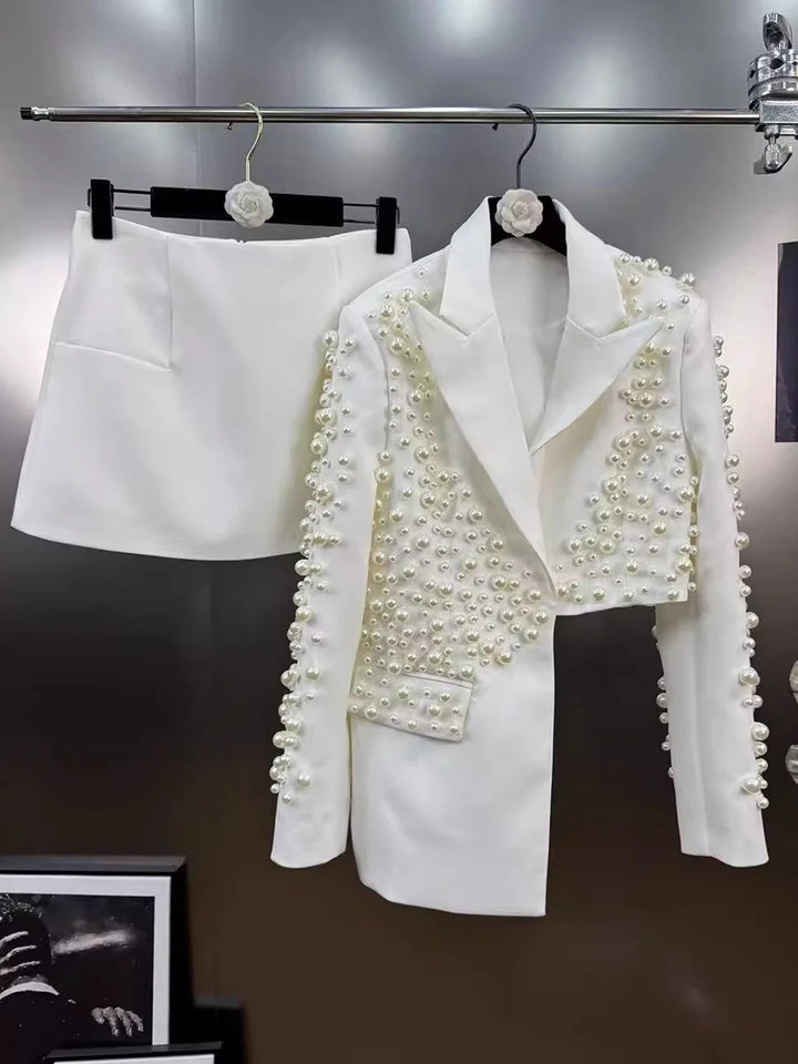 Modern Spliced Pearls Two Piece Women Skirt Office Suit 