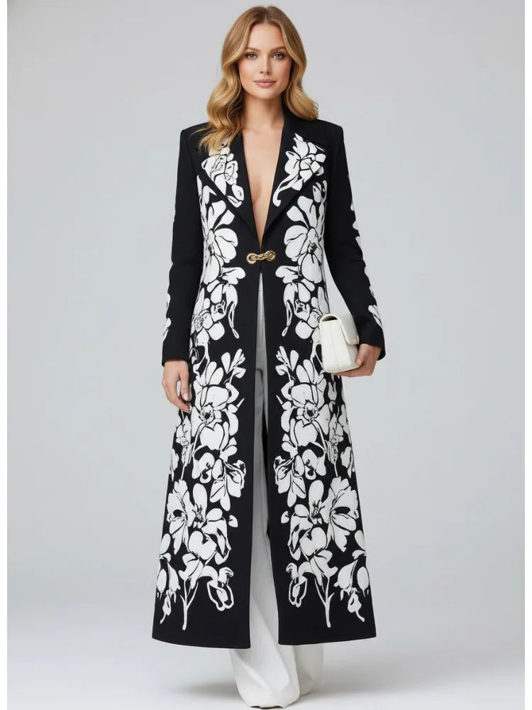  New Women Contrast Printed Long Trench Coat 