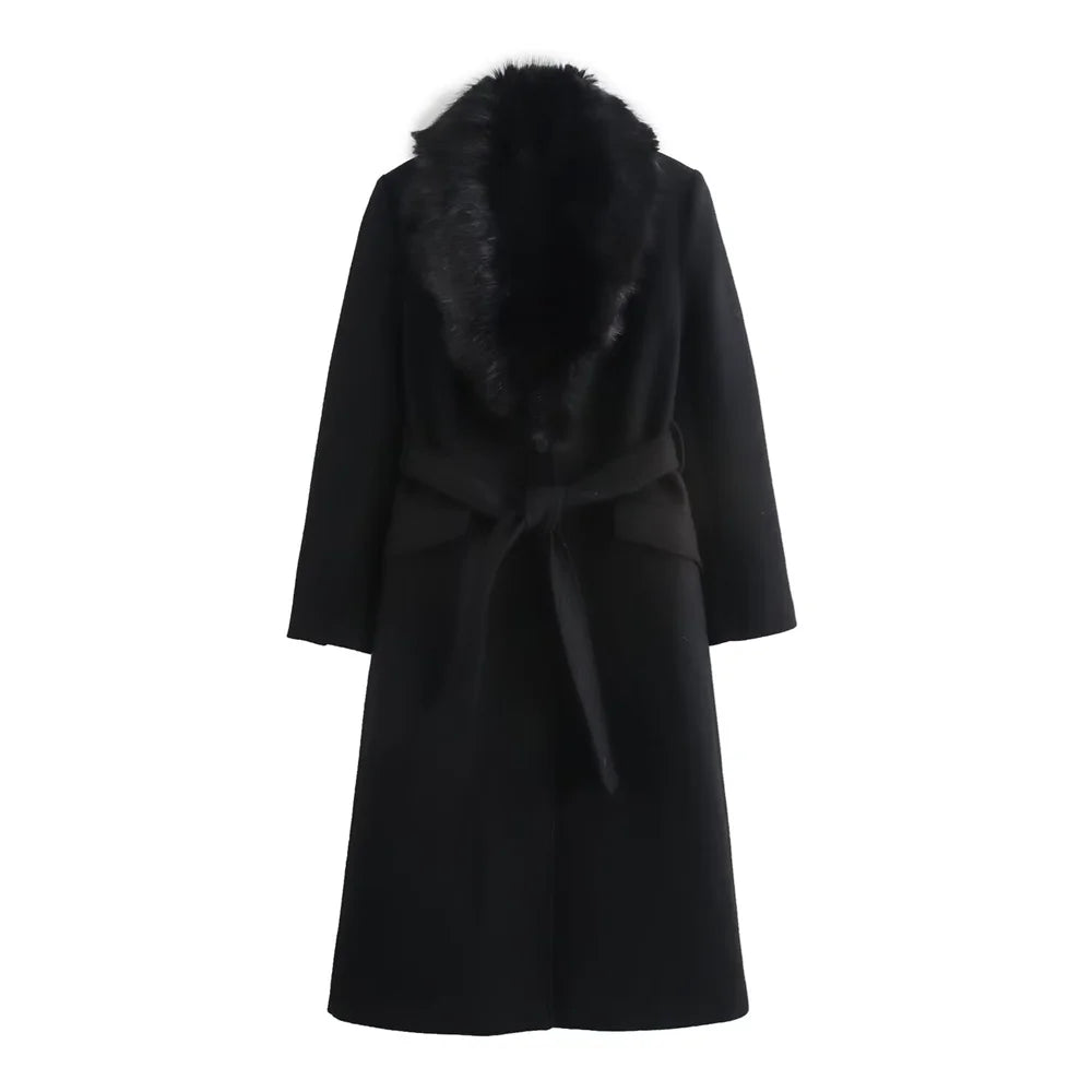 New Luxe Women Belt Warm Fur Collar Long Coat 