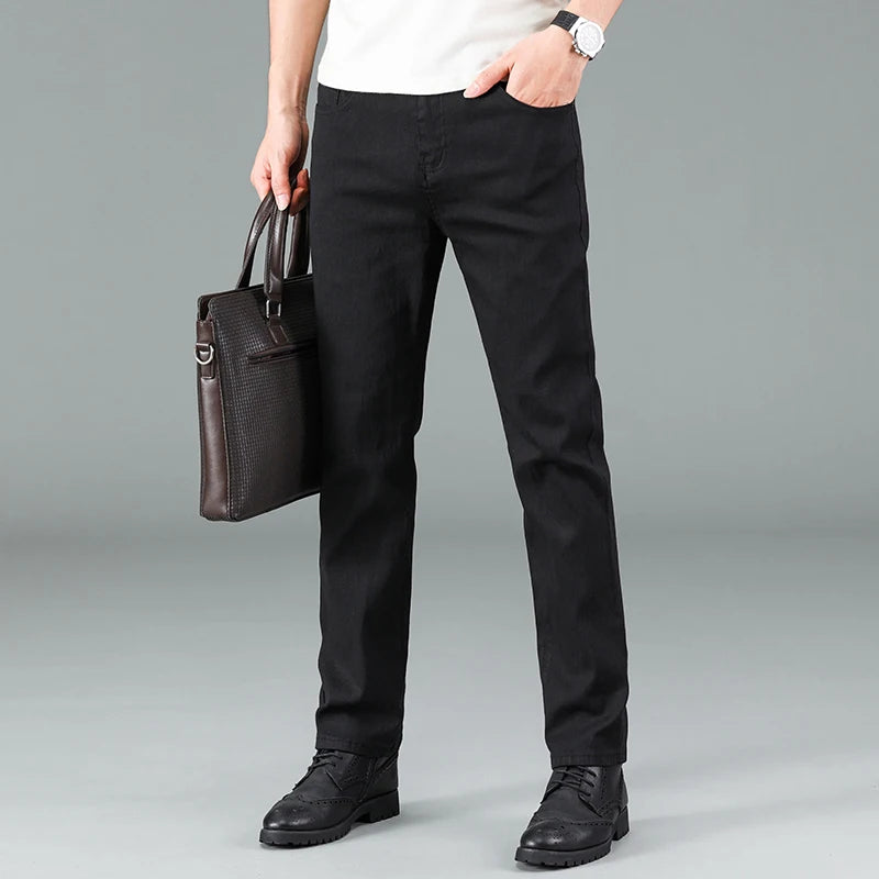 Mens Pure Black Jeans Korean Version Trendy Straight Fit Pants  Classic Business Jeans