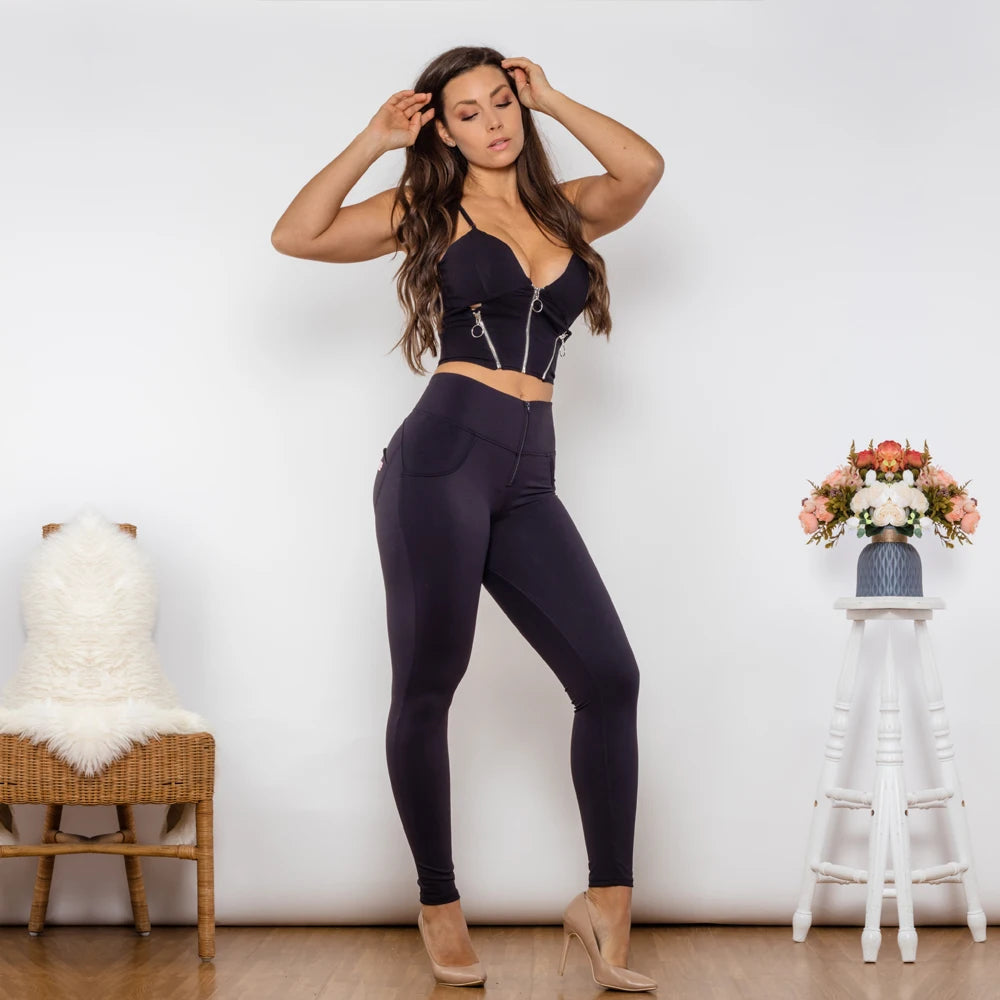 Shascullfites Melody Black Cotton Body Shaper Set with Zipper Tanks Crop Top High-Waist Lifter and Sleek Leggings Für Femininen