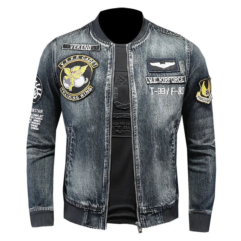 Mens Stylish Bomber Jacket Heavyweight Embroidered  Coat Baseball Collar Motorcycle Jeans Coat Flight Cowboy Jacket 