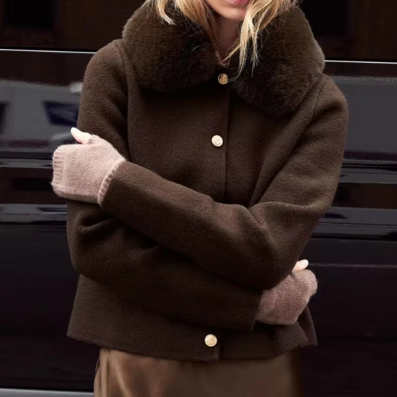 New Fur Collar Kintted Cardigan Women Casual Sweater