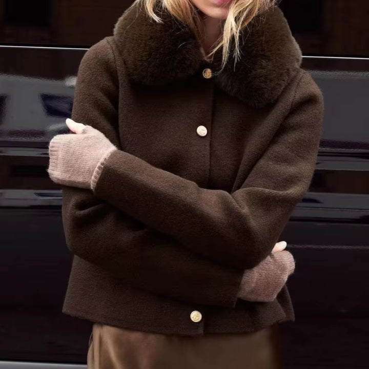 New Fur Collar Kintted Cardigan Women Casual Sweater