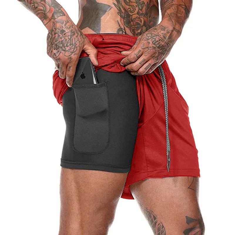 Modern 2 in 1 Compression Shorts for Men Gym Workout Running Shorts with Phone Pockets 