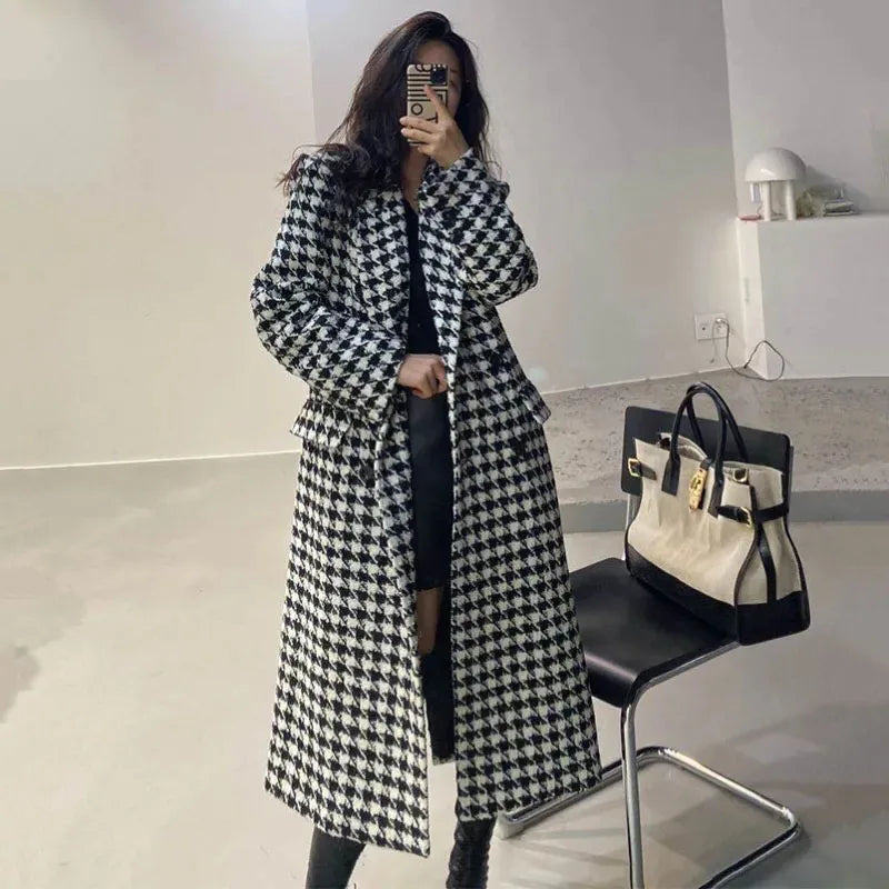 New Women Modern Fashion Houndstooth,Wool Jacket Women Autumn,Single Breasted Long Overcoat 