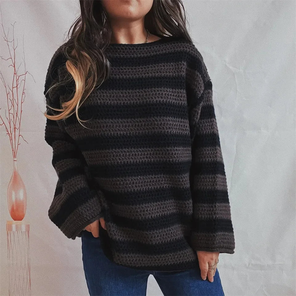 Woman European Style Autumn and Winter Blouse Loose Line Neck Striped Knitted Pullover Casual Sweater 