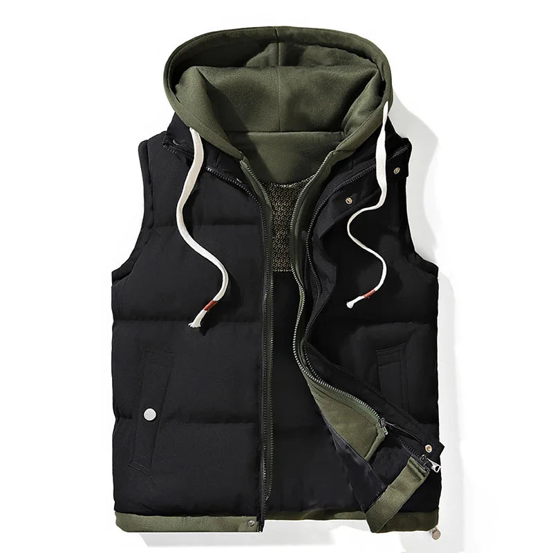 Mens Hooded Vest  Casual Sleeveless Cotton Jacket 