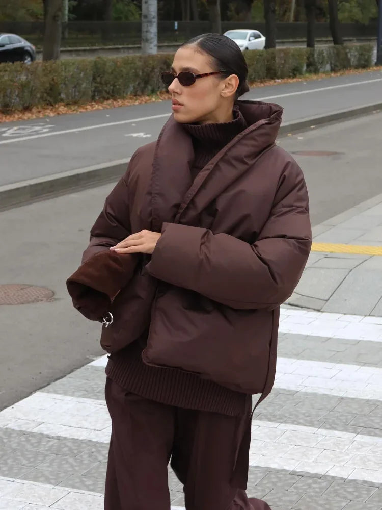 New Stylish Burgundy Thick Warm Cotton Jacket Stand Collar Long Sleeve Winter Women Outerwear