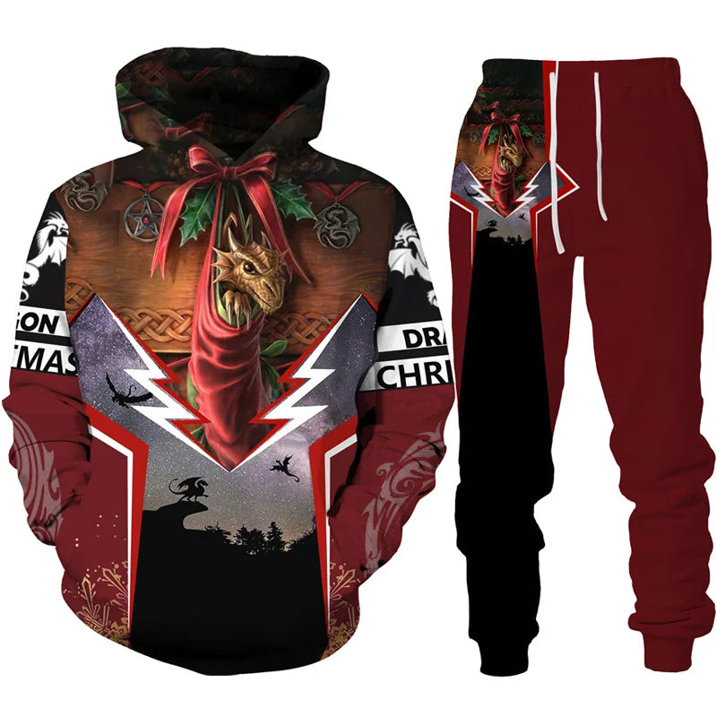 New 3D Hoodie Pant Dragon Print Track Suit Set
