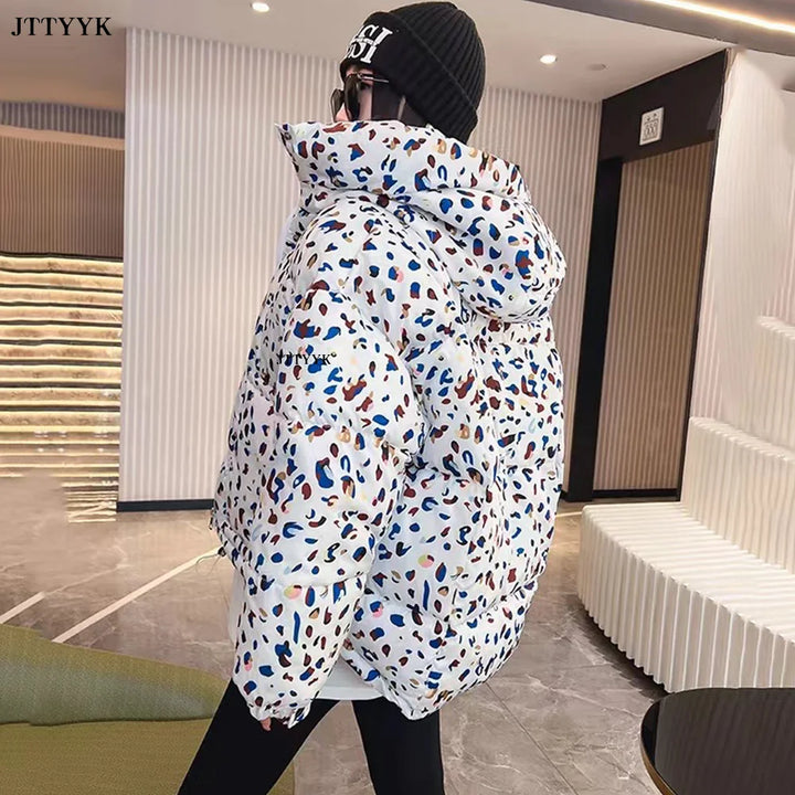 Warm Winter down Jacket Women Print Fashion Hooded Short Padded Parka Jacket