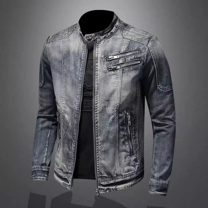 New Arrival Italian Toxic Men'S Denim Jacket Casual Vintage Stand Collar Zip-Up Jacket Riding Motorcycle Gear Trendy