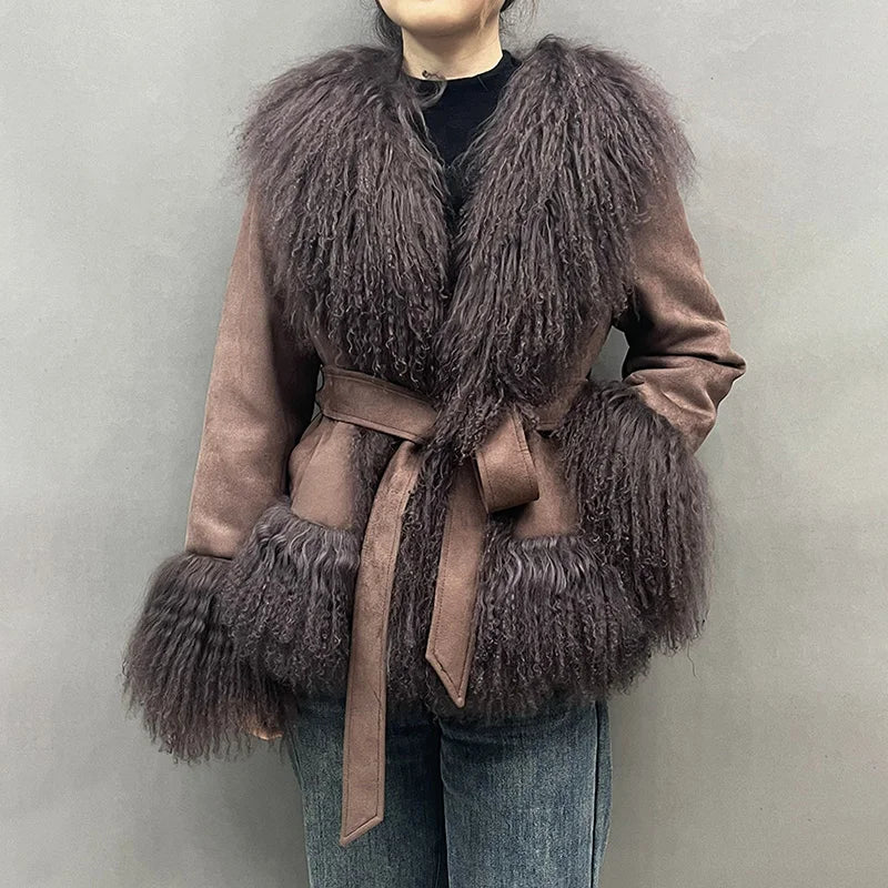 Women'S Fashion Mongolian Fur Coats 2024 Lady Thick Warm Winter Jacket Suede Outwear