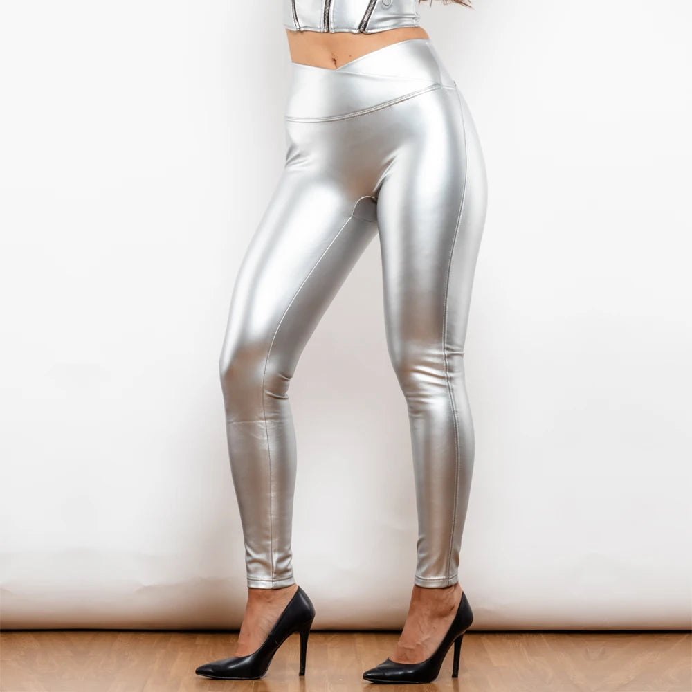 New X Cross Silver Leather Stretch Leggings