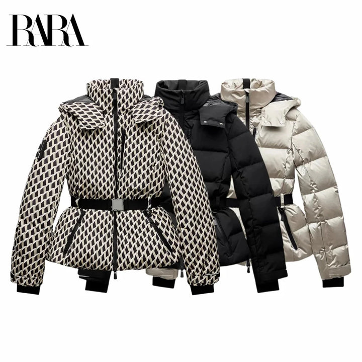 New Premium Women Waist with Belt Hooded down Cotton Jacket Commuting Warm Windproof Jacket