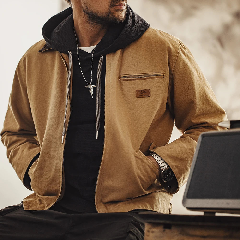 Retro Canvas Detroit Hunting J001 Jacket with Heavyweight Cotton Pockets Design Lapel Collar Zipper Coat for Men'S Autumn