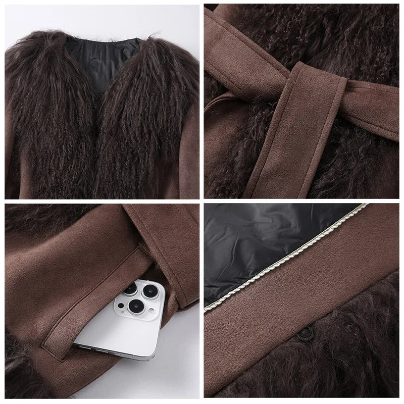 Women'S Fashion Mongolian Fur Coats 2024 Lady Thick Warm Winter Jacket Suede Outwear