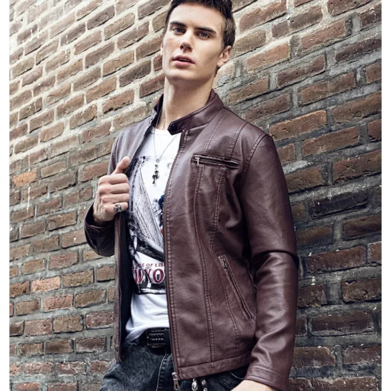  New Stylish Spring and Winter Men's Casual Leather Coat Korean Version Fit Trend Handsome Youth PU Leather Jacket