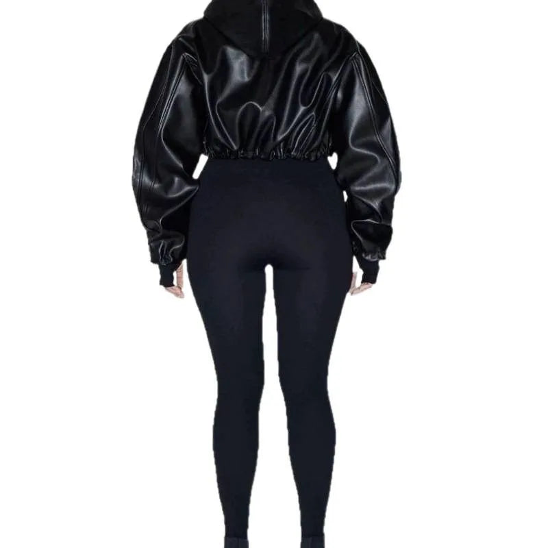 New Women Hooded Long Sleeve Leather Jacket 