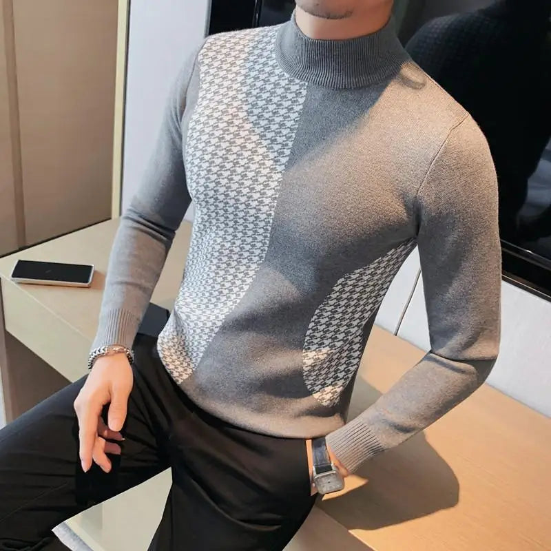 Men Italian Fashion Casual  Autumn Winter Half Turtleneck Sweater Jacquard Knitted Pullover Long Sleeve Warm Top