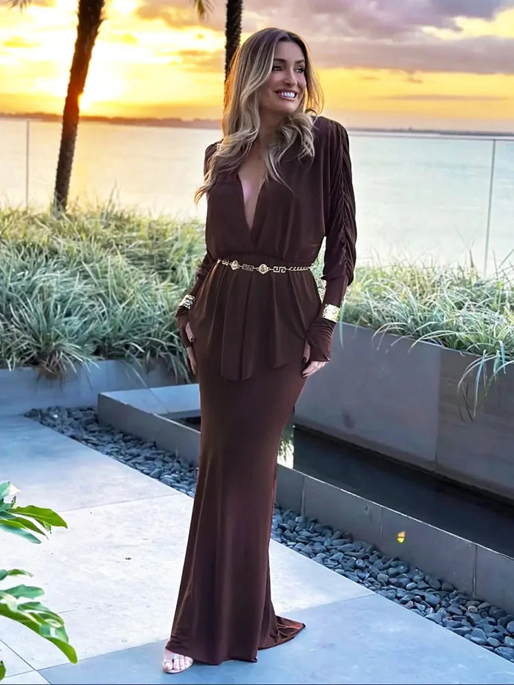 New 2-Piece Set Women V-Neck Shoulders Tops Long Skirts Fashion Wear
