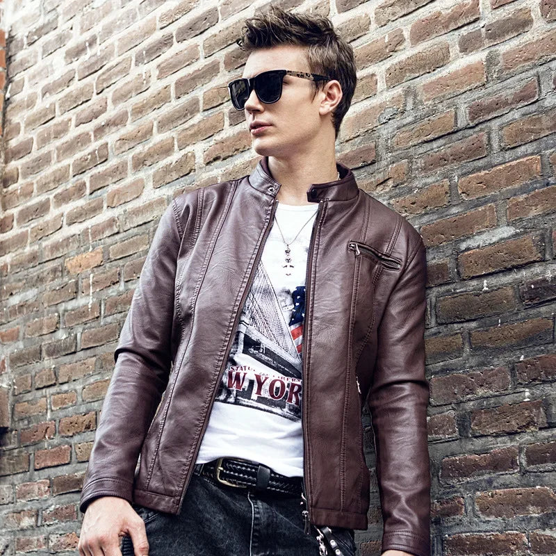  New Stylish Spring and Winter Men's Casual Leather Coat Korean Version Fit Trend Handsome Youth PU Leather Jacket