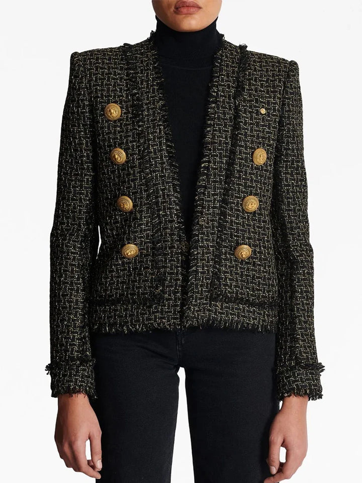 Women HIGH STREET Newest New Designed  Women Lion Buttons Plaid Fringed Tweed Jacket 