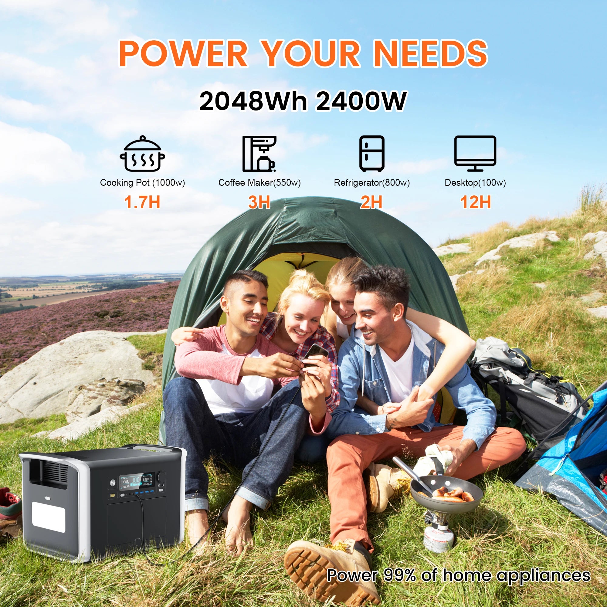 UPS Power Station 2048Wh Solar Generator 2400W LFP Battery & 400W Solar Panel 