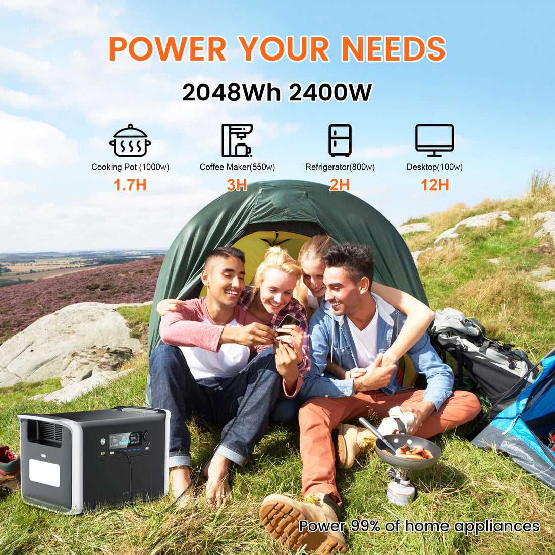 UPS Power Station 2048Wh Solar Generator 2400W LFP Battery & 400W Solar Panel 
