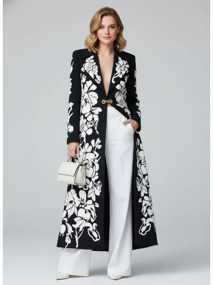  New Women Contrast Printed Long Trench Coat 