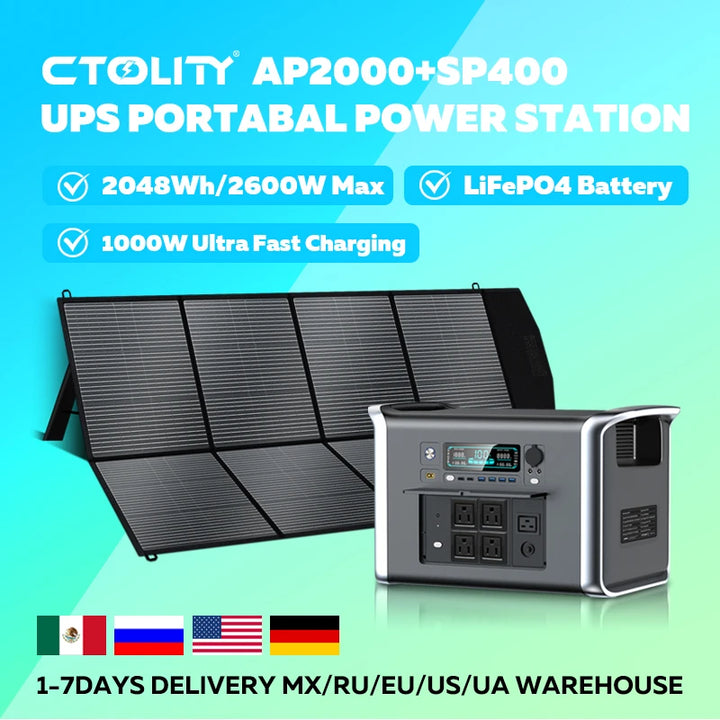 UPS Power Station 2048Wh Solar Generator 2400W LFP Battery & 400W Solar Panel 