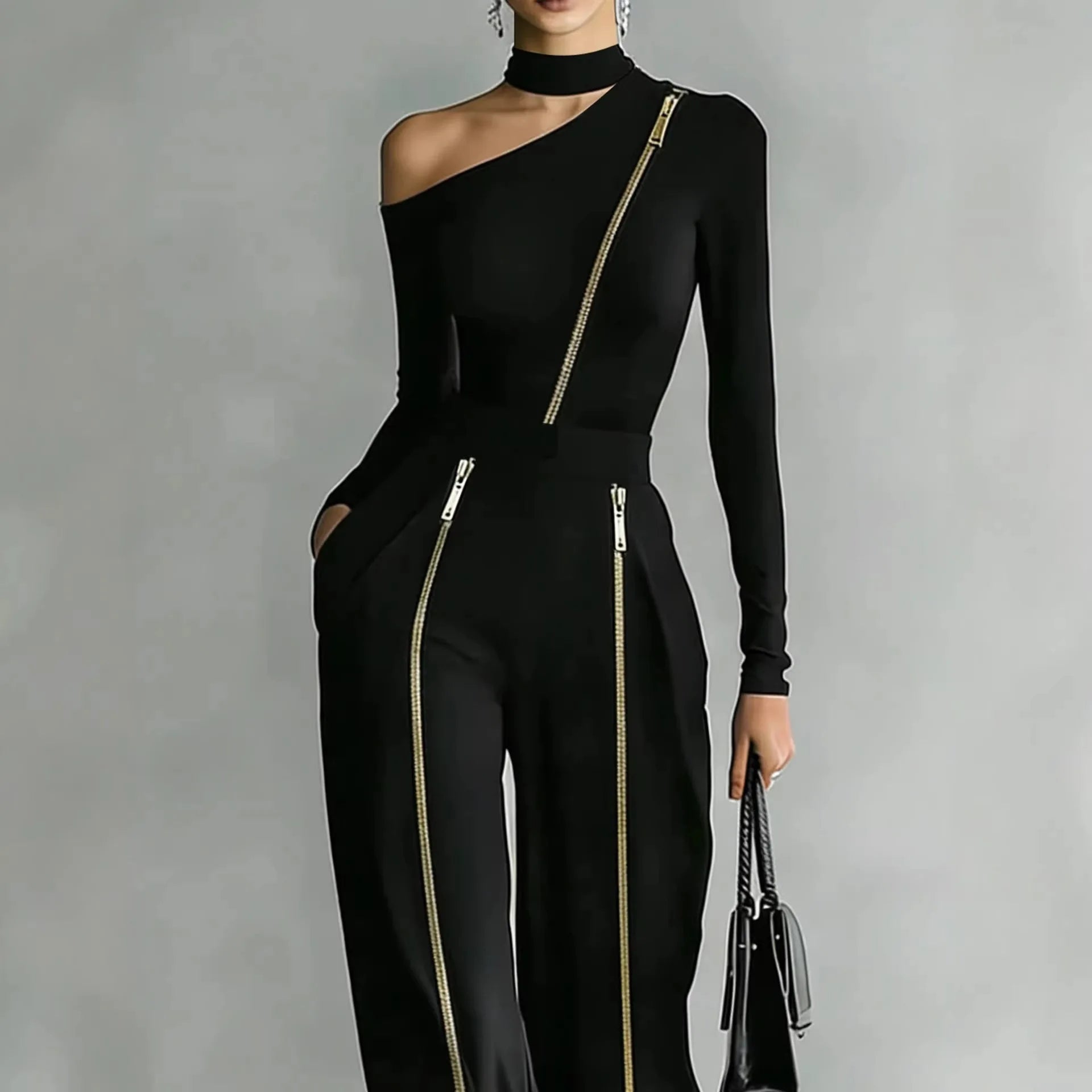 New Stand-Up Collar knitted + Double zipper Pants Set