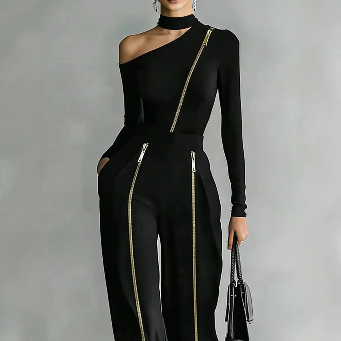 New Stand-Up Collar knitted + Double zipper Pants Set