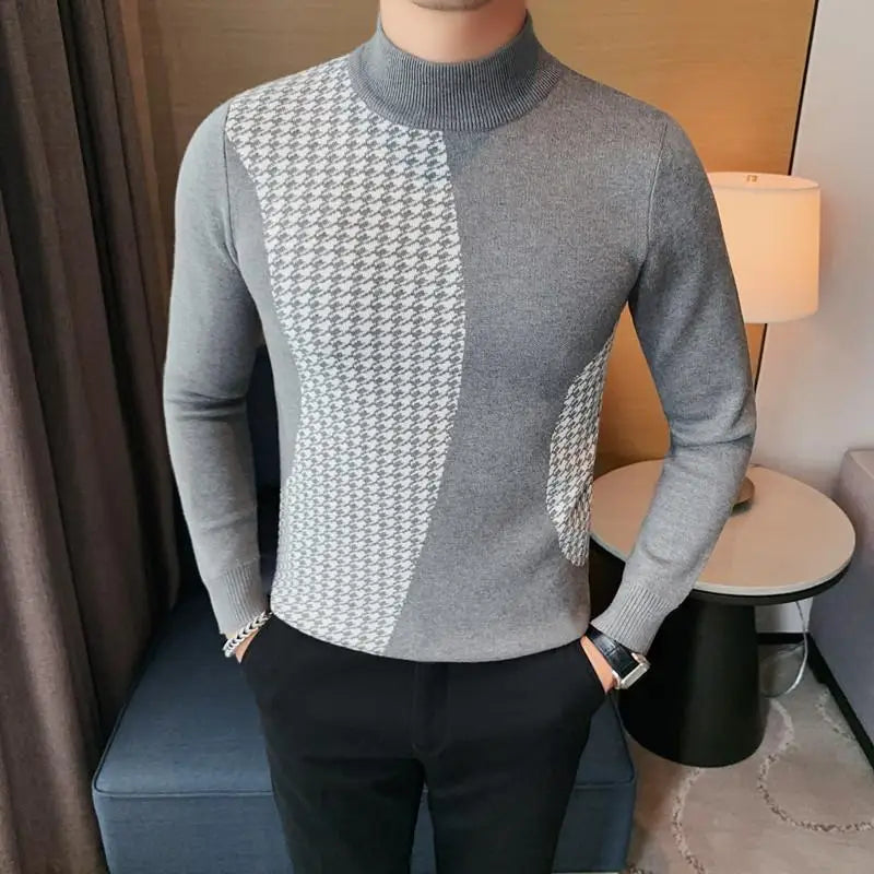 Men Italian Fashion Casual  Autumn Winter Half Turtleneck Sweater Jacquard Knitted Pullover Long Sleeve Warm Top