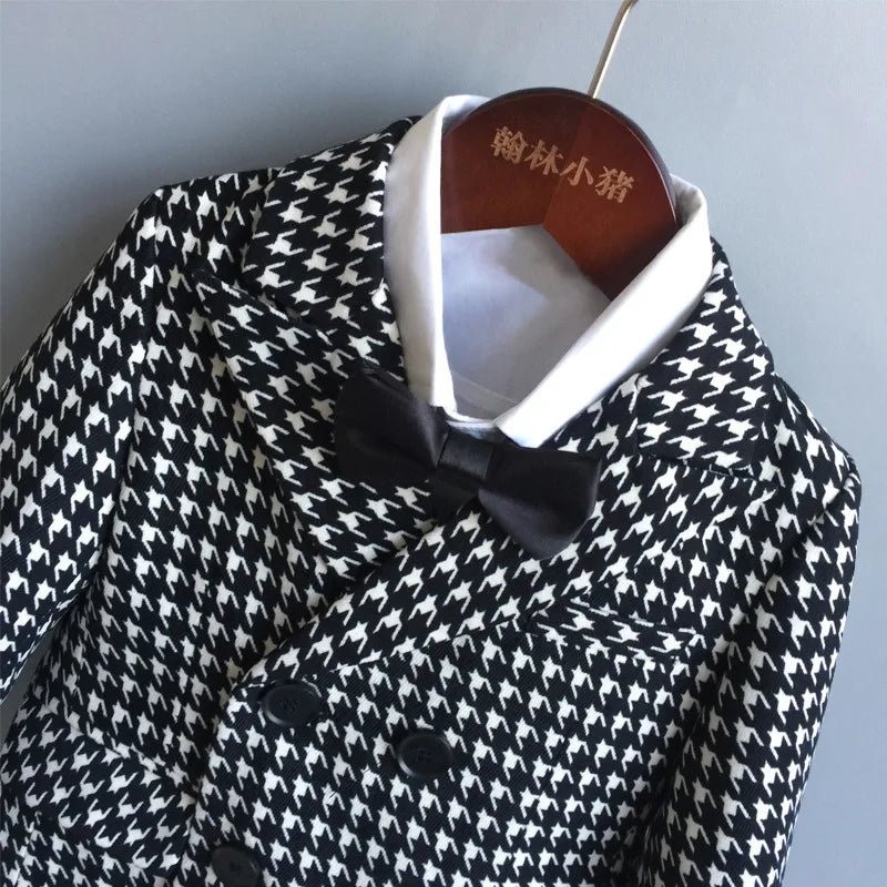 New Children'S Houndstooth Formal Suit Set Boys Wedding Birthday Party Performance Costume Kids Double Breasted Blazer Pants Clothes