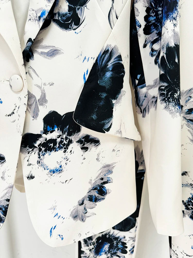 HIGH STREET Newest 2024 Fashion Designer Women'S Gorgeous Floral Printed Blazer Suit Jacket Pencil Pants Set 2Pcs