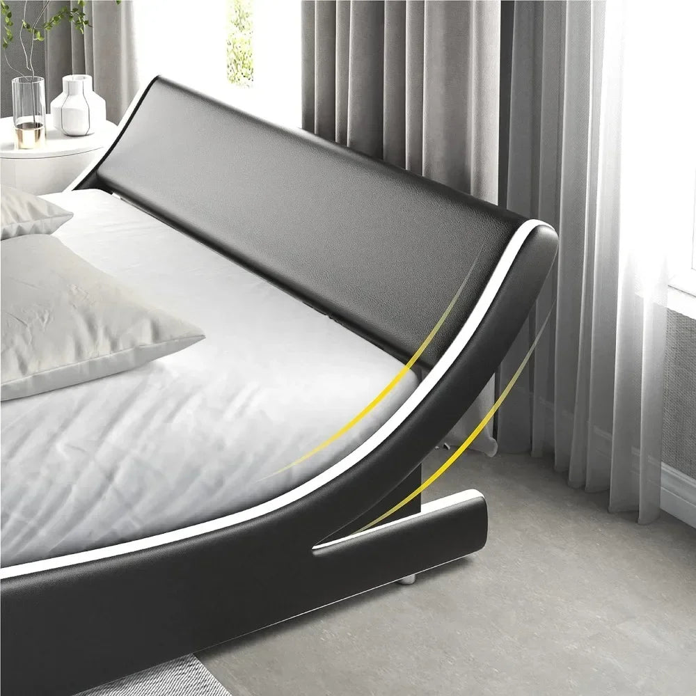 New Luxury Padded Oversized Platform Bed Frame, Sled Bed, Artificial Leather Headboard, Wooden Board Support