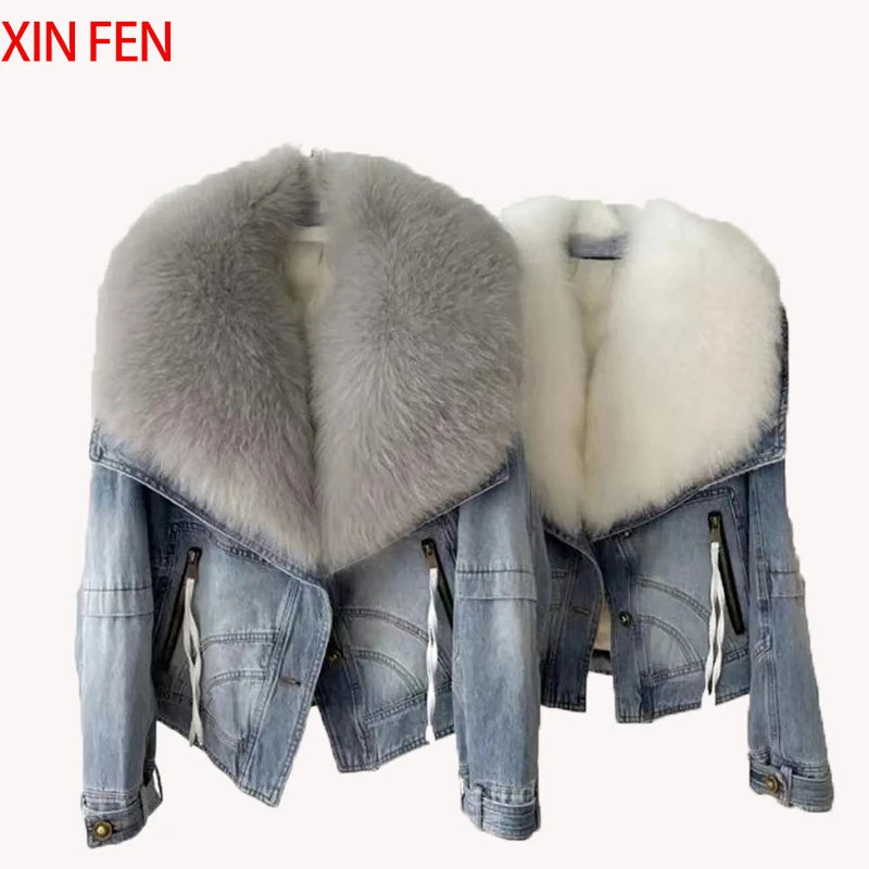 2024 Winter Women New Luxury Fox Fur Big Collar Goose down Denim down Jackets Short Warm Casual Jacket Coat