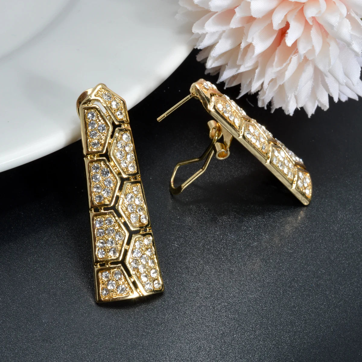 New Women Zircon Classic Gold Plated Earrings Necklace Set