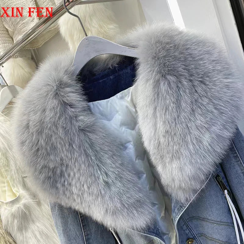 2024 Winter Women New Luxury Fox Fur Big Collar Goose down Denim down Jackets Short Warm Casual Jacket Coat